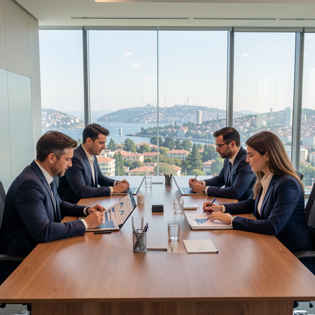 Dört kişilik profesyonel muhasebe ekibi büyük bir toplantı masasında finansal raporları inceliyor, arka planda cam duvarlar ve Bursa manzarası görünüyor