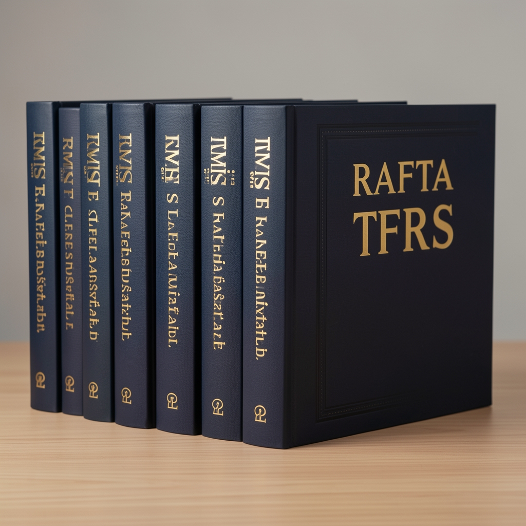 Rafta TMS ve TFRS muhasebe standartları kitapları sıralanmış; koyu kapaklar ve altın harflerle basılmış başlıklar görünüyor