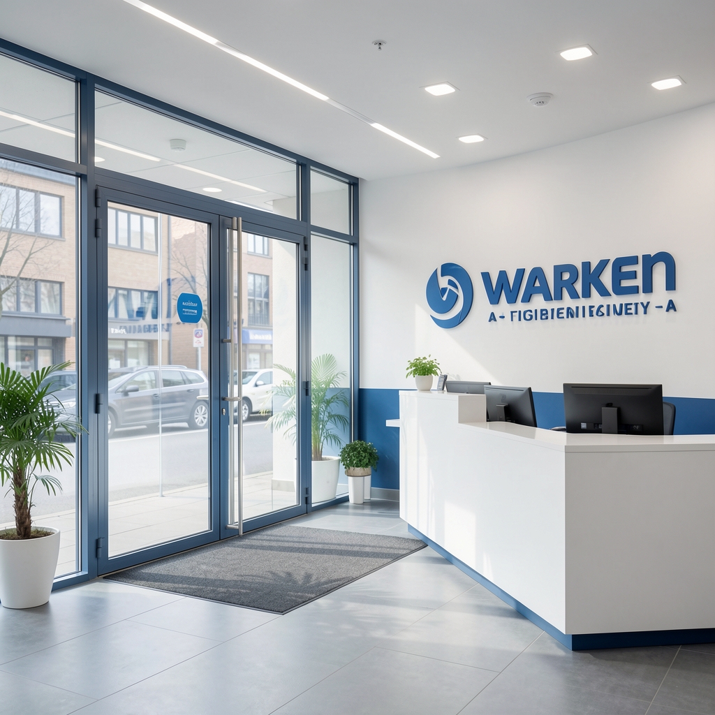 Warken ofisinin modern girişi; cam kapılar, şirket logosu ve receptionist masası ile beyaz-mavi kurumsal dekor görünüyor